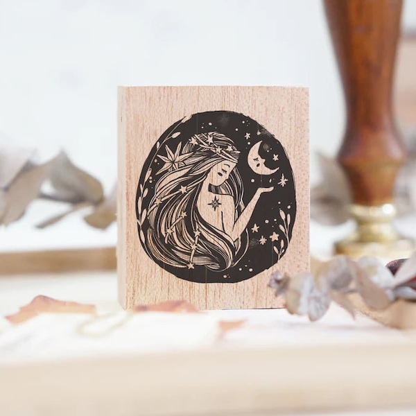 Celestial Moon Goddess Rubber Stamp by Black Milk Project | Stars, Moon, Night Sky, Galaxy, Woman, Luna, Journal, Planner, Scrapbook, TN