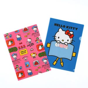 May include: Two plastic document folders featuring Hello Kitty. One folder is pink with a repeating pattern of Hello Kitty, apples, and books. The other folder is blue with a large Hello Kitty graphic holding a book and the text HELLO KITTY.