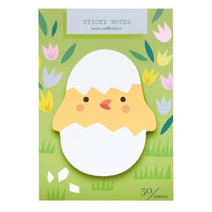 May include: A sheet of sticky notes with a chick hatching from an egg design. The chick is yellow and orange with black eyes and a small orange beak. The background is green with floral and grass illustrations. The text "STICKY NOTES notes adhésives" is at the top.