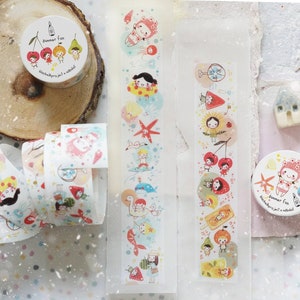 May include: Three rolls of colorful washi tape with a summer theme. The tape features illustrations of girls, fruit, and other summery objects. The tape is packaged in round containers with the text "Summer Fun" on them.