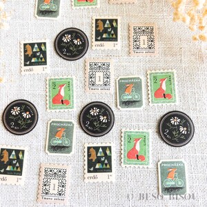 Autocollants postaux en flocons d'animaux de la forêt de style vintage (vert) par Nuku | Ours, lapin, fleurs, carnet de notes du voyageur, agenda, carnet de notes, Antik Piac