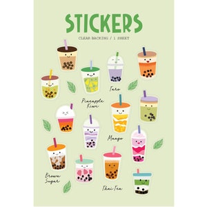 May include: A sticker sheet with illustrated bubble tea designs in various colours. Flavours include Taro, Mango, and Thai Tea, each with a smiling face. The word "STICKERS" is at the top, with "CLEAR BACKING / 1 SHEET" below.
