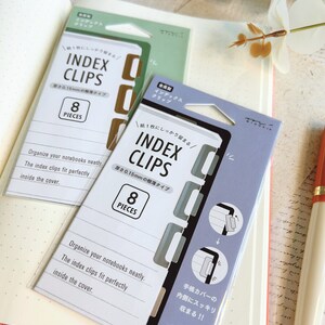 Op de afbeelding: Twee pakjes indexclips voor notitieboekjes. De pakjes zijn beide lichtblauw en grijs met witte tekst. De tekst op de pakjes luidt "Index Clips" en "0,15 mm Thin Type". Elk pakje bevat 8 stuks.