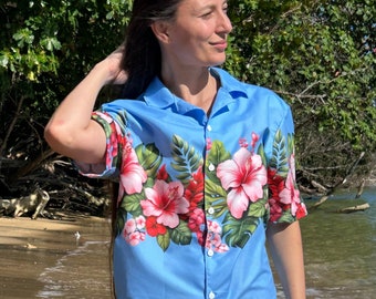 Chemise hawaïenne pour femme, chemise décontractée à fleurs boutonnée, chemise de voyage à manches courtes et imprimé tropical pour femme, chemisier à imprimé floral, cadeau pour maman