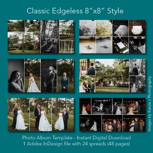 May include: A photo album template with a teal background. The album is a classic edgeless 20cm x 20cm style, featuring wedding photos in a collage format. The template includes 24 spreads (48 pages) and is an instant digital download in Adobe InDesign format.