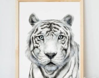 ホワイトタイガー オリジナル水彩画 大型ネコ科動物 漂白されたトラ