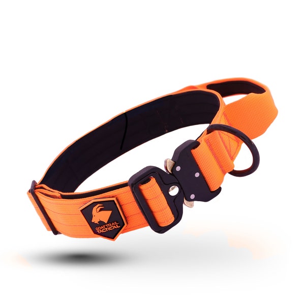 1.5 inch Tactical dog collar with handle, personalized, velcro, heavy-duty, durable, thick fabric, metal buckle - Neon Orange