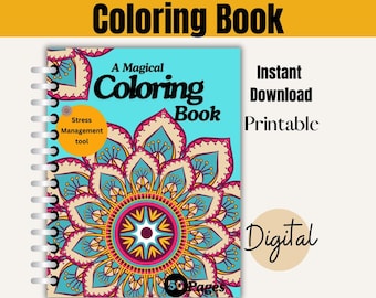 Magical Adult Coloring Book: 50 Printable Pages stress management digital book coloring therapy  instant download