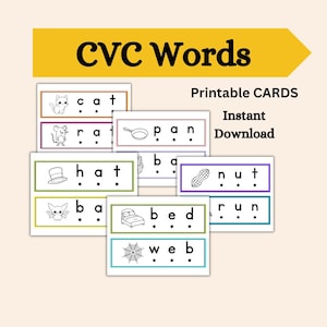 Tarjetas flash de lectura de palabras cortas CVC digitales para jardín de infantes descargar palabras cortas Tarjetas flash imprimibles para leer palabras de tres letras Descargar