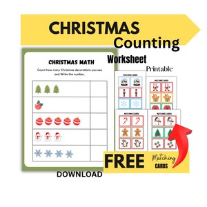 Afdrukbaar werkblad tellen kerstwiskunde Kinderpakket Downloadbare kerstactiviteit Vroeg leren GRATIS bijpassende kerstkaarten