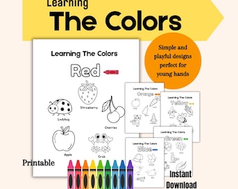 May include: A set of printable educational materials titled "Learning The Colors." The main page features the color red with illustrations of a ladybug, strawberry, apple, and cherries. Includes a set of colorful crayons and the text "Printable" and "Instant Download."
