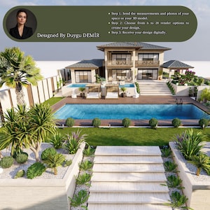 Könnte beinhalten: Ein modernes, zweistöckiges Haus mit Swimmingpool und Gartenanlage. Das Haus hat eine weiße Fassade mit einem braunen Dach. Der Pool ist von einer weißen Terrasse und üppigem grünem Rasen umgeben. Im Garten befinden sich Palmen und andere Pflanzen. Der Text "Designed By Duygu DEMİR" ist auf dem Bild zu sehen.