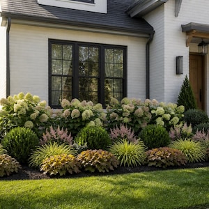 Peut inclure: Une maison en briques blanches avec des cadres de fenêtres noirs et une porte d'entrée en bois présente un massif de jardin avec de grands hortensias blancs, des arbustes verts arrondis, des astilbes roses et des plantes à feuillage jaune et bronze.