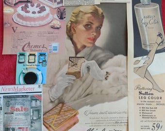 May include: A collage of vintage advertisements featuring a woman, cakes, and beauty products. The ads include "ice n'fil" for icing, "Sutton Leg Color," and a "Summer Decorating Sale" from a newspaper.