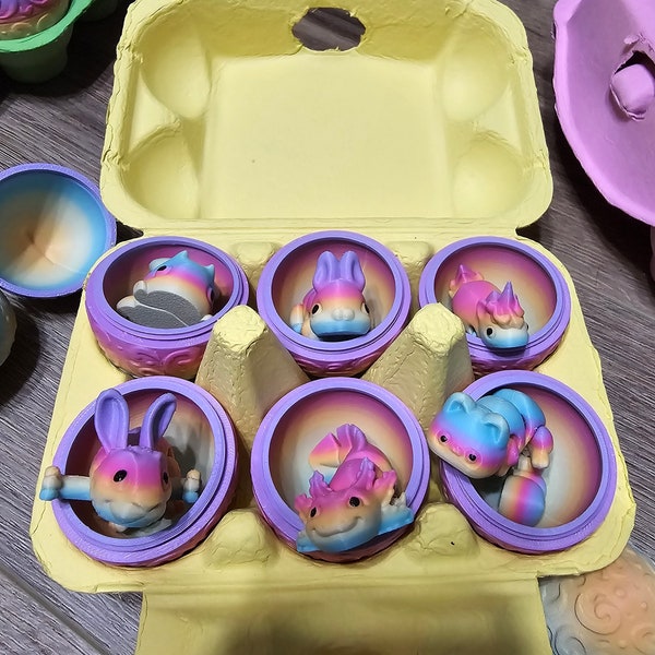 Surprise Easter Eggs 3d printed Mini Bunny, Rabbit, Kitty, Fennec Fox, Unicorn, Axolotl, Bumble Bee Inside! Your choice or Mystery