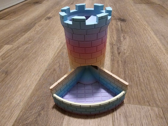 Siege tower dice tower for D20 rolling down a spiral staircase