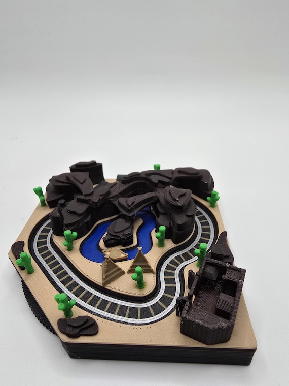 Mini Mountain Canyon Campsite Train Diorama | Hand Crank Kinetic Train & Canoe | Interactive Desktop Display | 3D Printed Miniature