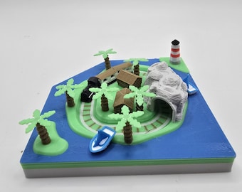 Diorama del trenino "Avventura sull'isola" con meccanismo a manovella.