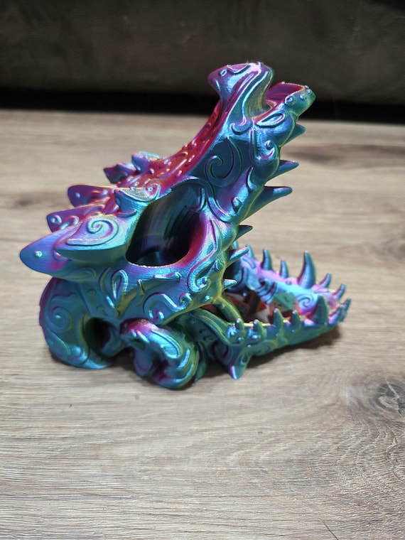 Dragon Skull Dice Tower Tricolor Silk PLA 3D Printed Dice roll through the eye holes.