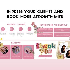 May include: A pink and white graphic with the text "Impress your clients and book more appointments". The graphic includes information about booking policies, before your appointment, reviews, and a thank you message. The graphic also includes images of nails and hair.
