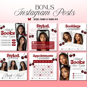 May include: A collection of six Instagram post templates with a pink background. Each template features a woman's image, cherries, and text such as "August Books Now Open," "Styled by Cherry," and "Appointments Available." The templates are designed for beauty or lifestyle businesses.