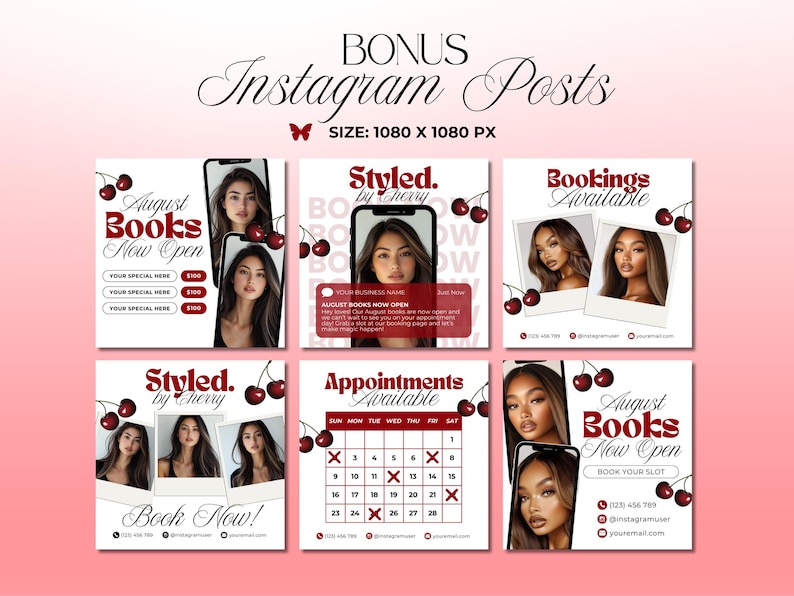 May include: A collection of six Instagram post templates with a pink background. Each template features a woman's image, cherries, and text such as "August Books Now Open," "Styled by Cherry," and "Appointments Available." The templates are designed for beauty or lifestyle businesses.