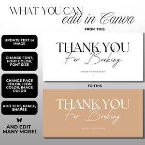 K&ouml;nnte beinhalten: Grafik, die ein Design in Canva zeigt, mit dem Text "THANK YOU For Booking" in zwei verschiedenen Stilen. Das Bild zeigt auch Optionen zum Bearbeiten von Text, Schriftart, Farbe und zum Hinzuf&uuml;gen von Bildern.