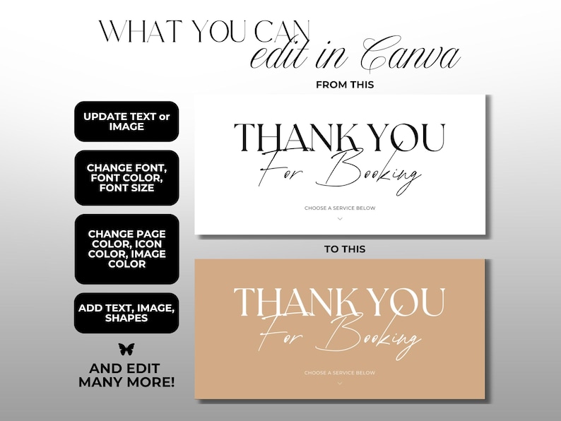 K&ouml;nnte beinhalten: Grafik, die ein Design in Canva zeigt, mit dem Text "THANK YOU For Booking" in zwei verschiedenen Stilen. Das Bild zeigt auch Optionen zum Bearbeiten von Text, Schriftart, Farbe und zum Hinzuf&uuml;gen von Bildern.