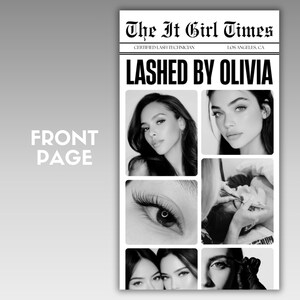 May include: A monochrome advertisement in the style of a newspaper, titled "The It Girl Times," promoting "Lashed by Olivia." The ad includes images of women with enhanced eyelashes and a close-up of an eye.