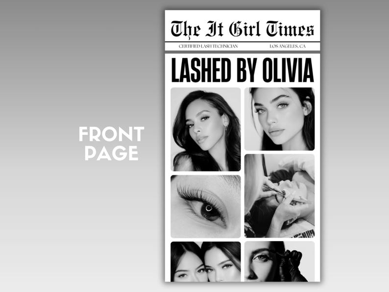 May include: A monochrome advertisement in the style of a newspaper, titled "The It Girl Times," promoting "Lashed by Olivia." The ad includes images of women with enhanced eyelashes and a close-up of an eye.