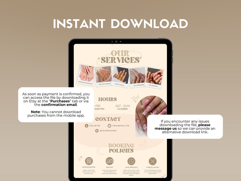 May include: A digital illustration of a tablet screen showing a business advertisement for nail services. The ad features a pink and white color scheme with a star design. The text on the screen reads "Our Services", "Hours", "Contact", "Booking Policies", and "Instant Download".