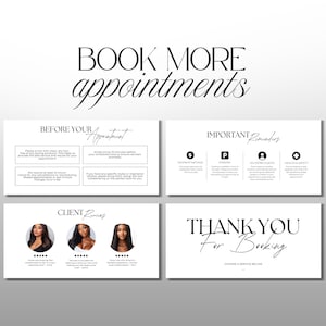 K&ouml;nnte beinhalten: Schwarz-wei&szlig;e Grafik mit dem Text "BOOK MORE appointments". Das Bild enth&auml;lt vier Abschnitte mit Informationen zu Terminen, einschlie&szlig;lich Erinnerungen, Kundenbewertungen und einer Dankesnachricht.