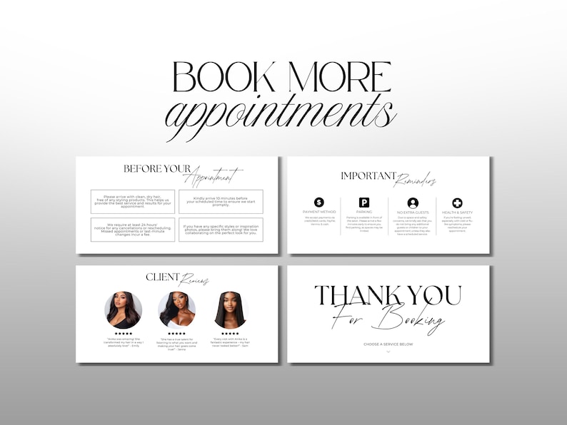 K&ouml;nnte beinhalten: Schwarz-wei&szlig;e Grafik mit dem Text "BOOK MORE appointments". Das Bild enth&auml;lt vier Abschnitte mit Informationen zu Terminen, einschlie&szlig;lich Erinnerungen, Kundenbewertungen und einer Dankesnachricht.