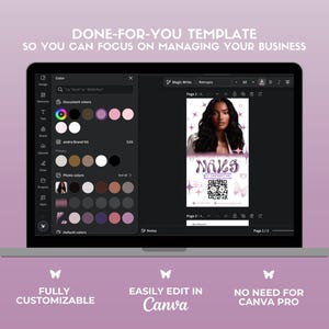 Puede incluir: Una pantalla de computadora port&aacute;til que muestra una plantilla de dise&ntilde;o de Canva para una tarjeta de presentaci&oacute;n de sal&oacute;n de manicura. La plantilla presenta a una mujer con cabello largo y oscuro, el texto "NAILS BY [NAME]" y un c&oacute;digo QR. El texto "PLANTILLA LISTA PARA USAR PARA QUE PUEDAS CONCENTRARTE EN ADMINISTRAR TU NEGOCIO" se muestra en la parte superior de la pantalla. El texto "COMPLETAMENTE PERSONALIZABLE", "F&Aacute;CIL DE EDITAR EN Canva", y "NO NECESITAS CANVA PRO" se muestra debajo de la computadora port&aacute;til.