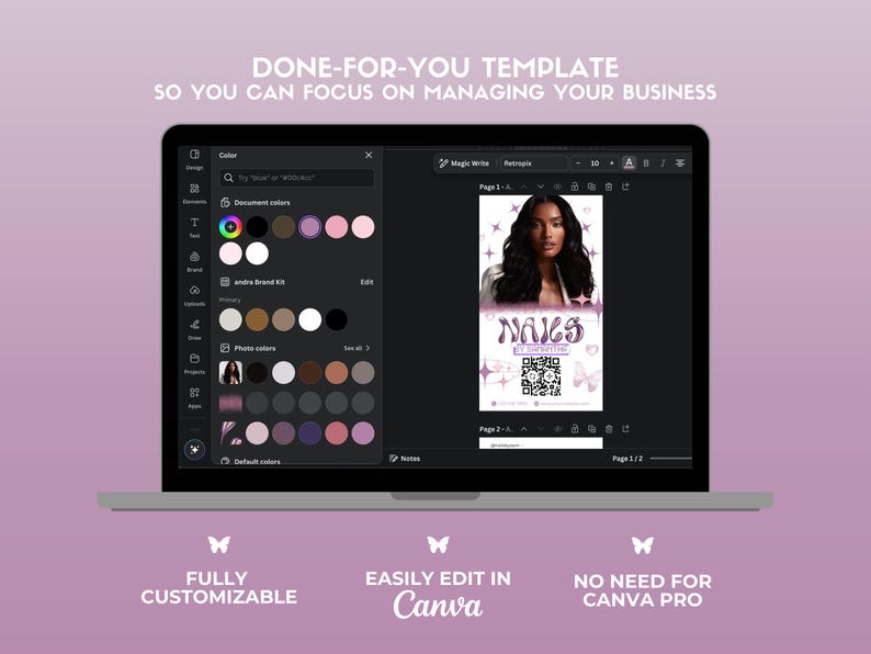 Puede incluir: Una pantalla de computadora port&aacute;til que muestra una plantilla de dise&ntilde;o de Canva para una tarjeta de presentaci&oacute;n de sal&oacute;n de manicura. La plantilla presenta a una mujer con cabello largo y oscuro, el texto "NAILS BY [NAME]" y un c&oacute;digo QR. El texto "PLANTILLA LISTA PARA USAR PARA QUE PUEDAS CONCENTRARTE EN ADMINISTRAR TU NEGOCIO" se muestra en la parte superior de la pantalla. El texto "COMPLETAMENTE PERSONALIZABLE", "F&Aacute;CIL DE EDITAR EN Canva", y "NO NECESITAS CANVA PRO" se muestra debajo de la computadora port&aacute;til.