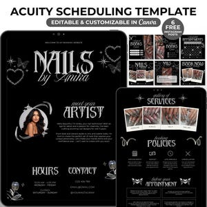 May include: Digital template in black and white for a nail salon, with the text "NAILS by Anika". It includes a website design, Instagram posts, and booking details. The template is editable and customisable in Canva.