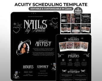 Puede incluir: Plantilla digital en blanco y negro para un salón de uñas, con el texto "NAILS by Anika". Incluye un diseño web, publicaciones de Instagram e información de reservas. La plantilla es editable y personalizable en Canva.