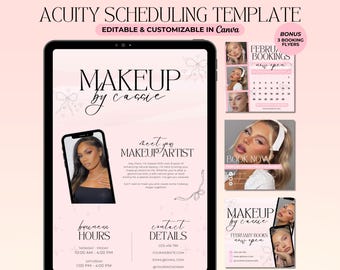 May include: A pink and white digital marketing template for a makeup artist. The template features a photo of a woman with makeup, the text "Makeup by Cassie", and the text "Meet your Makeup Artist". The template also includes business hours, contact details, and a booking calendar.