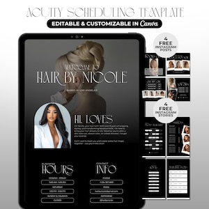 Puede incluir: Una plantilla digital de Acuity Scheduling para Canva con estética en blanco y negro. El diseño incluye secciones para horario comercial, información de contacto y perfil profesional, con miniaturas para publicaciones de Instagram.
