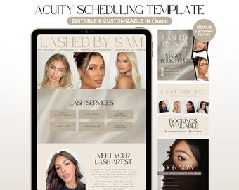 May include: A digital template for scheduling appointments with a lash artist. The template features a light brown background with a photo of a woman with long eyelashes. The text "LASH BY SAM" is displayed in a bold, black font. The template includes a section for listing lash services, such as lash extensions, lash lifts, and lash fills. There is also a section for booking appointments.