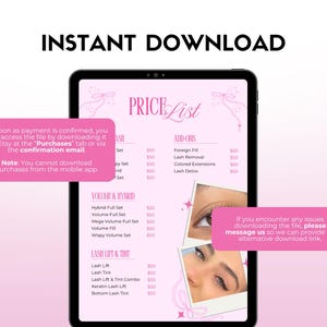Pode incluir: Uma lista de pre&ccedil;os digital exibida na tela de um tablet. O design rosa inclui servi&ccedil;os de c&iacute;lios, com o texto "DOWNLOAD INSTANT&Acirc;NEO" no topo. Duas fotos de olhos est&atilde;o inclu&iacute;das. Bal&otilde;es de texto fornecem instru&ccedil;&otilde;es de download.