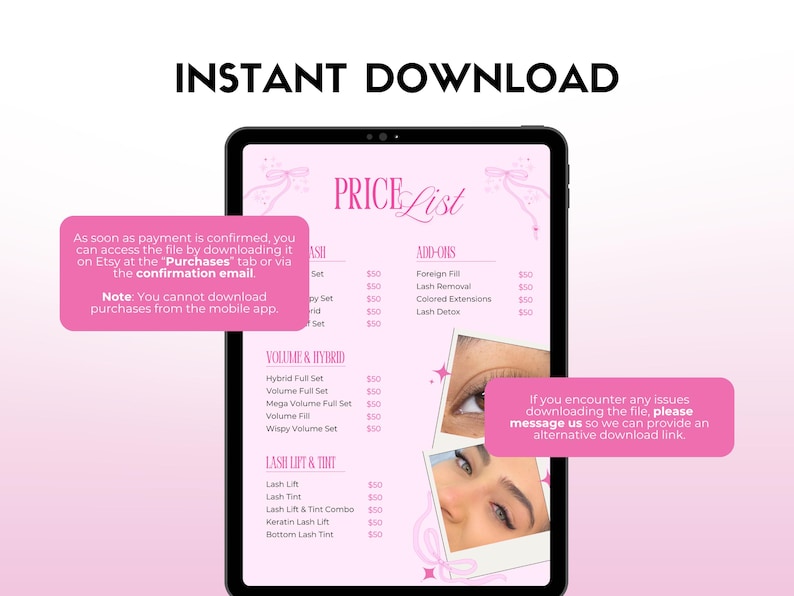Pode incluir: Uma lista de pre&ccedil;os digital exibida na tela de um tablet. O design rosa inclui servi&ccedil;os de c&iacute;lios, com o texto "DOWNLOAD INSTANT&Acirc;NEO" no topo. Duas fotos de olhos est&atilde;o inclu&iacute;das. Bal&otilde;es de texto fornecem instru&ccedil;&otilde;es de download.