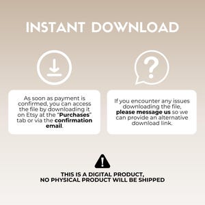 Op de afbeelding: Een digitale downloadafbeelding met een downloadpijlpictogram, een vraagtekenpictogram en tekst die "INSTANT DOWNLOAD" luidt. De tekst onder de pictogrammen legt uit dat het digitale product direct na aankoop beschikbaar is om te downloaden. De tekst bevat ook instructies over hoe je de download kunt openen. De afbeelding bevat ook een waarschuwingspictogram en tekst die "DIT IS EEN DIGITAAL PRODUCT, ER WORDT GEEN FY SIEK PRODUCT VERZONDEN." luidt.