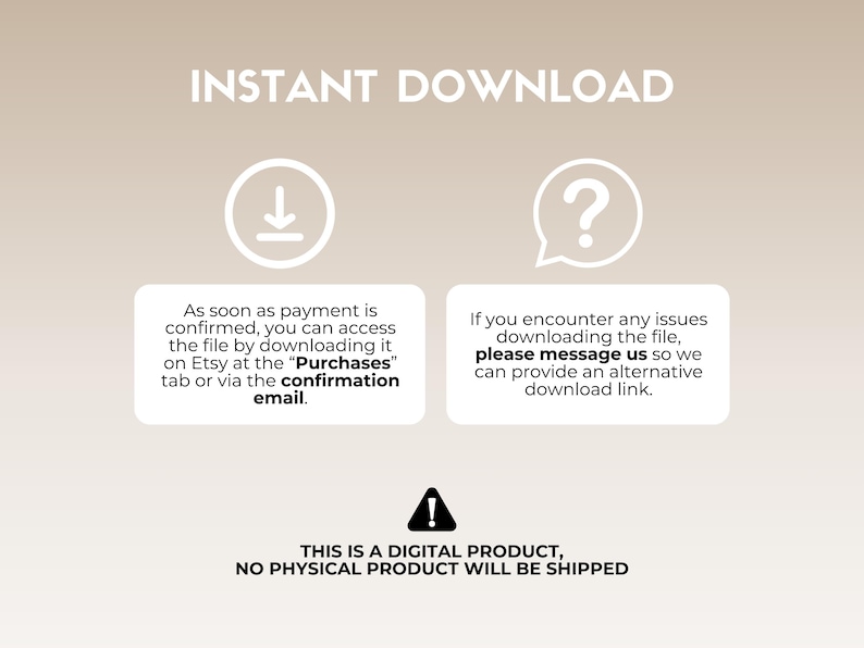 Op de afbeelding: Een digitale downloadafbeelding met een downloadpijlpictogram, een vraagtekenpictogram en tekst die "INSTANT DOWNLOAD" luidt. De tekst onder de pictogrammen legt uit dat het digitale product direct na aankoop beschikbaar is om te downloaden. De tekst bevat ook instructies over hoe je de download kunt openen. De afbeelding bevat ook een waarschuwingspictogram en tekst die "DIT IS EEN DIGITAAL PRODUCT, ER WORDT GEEN FY SIEK PRODUCT VERZONDEN." luidt.