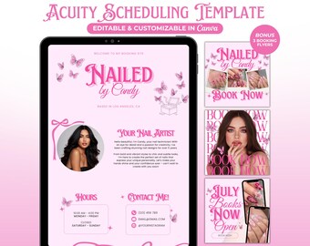May include: Pink digital template for nail salon scheduling, featuring the text "NAILED by Candy" and butterfly graphics. Includes booking flyers and a photo of a woman. The template is editable and customizable in Canva.