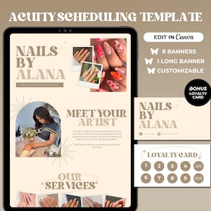 May include: A digital template for scheduling appointments for nail services. The template features a pink and gold color scheme with images of manicured nails. The text "Nails by Alana" is featured on the template, along with a loyalty card.