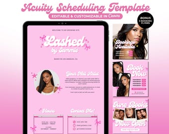 May include: Pink digital template for Acuity Scheduling, customizable in Canva. Features the text "Lashed by Sammie" and includes bonus booking flyers. The template includes contact information and booking details.