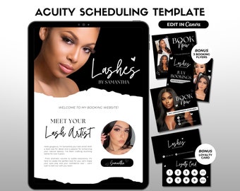 May include: A black and white digital template for scheduling appointments for lash services. The template features a photo of a woman with long eyelashes, the text "Lash Artist" and the text "Book Now".