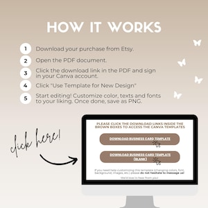 Op de afbeelding: Een bruine en witte afbeelding met instructies over het gebruik van een Canva-sjabloon. De afbeelding bevat een computerscherm met twee bruine knoppen waarop "Download Business Card Template" staat.