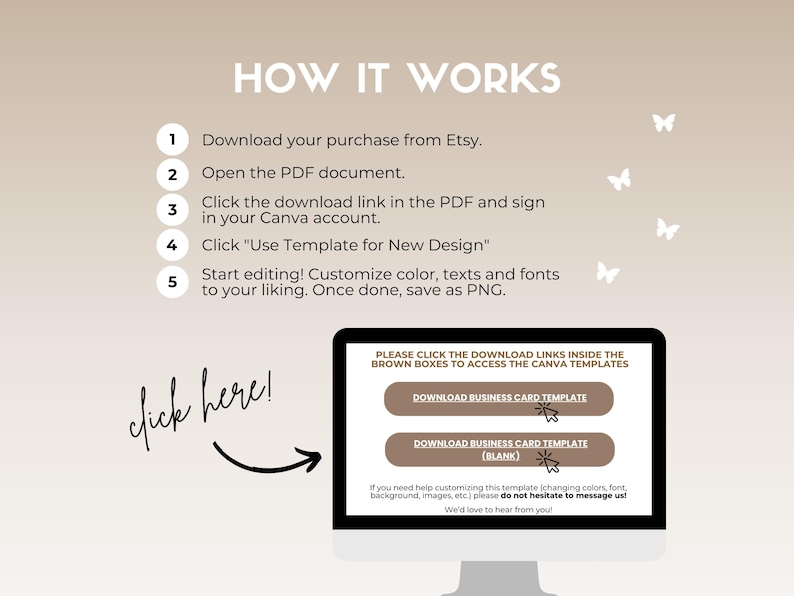 Op de afbeelding: Een bruine en witte afbeelding met instructies over het gebruik van een Canva-sjabloon. De afbeelding bevat een computerscherm met twee bruine knoppen waarop "Download Business Card Template" staat.